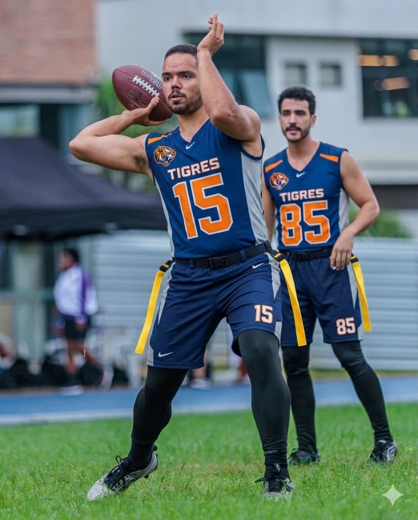 Quarterback do Tigres Flag, camisa 15, preparando o lançamento
